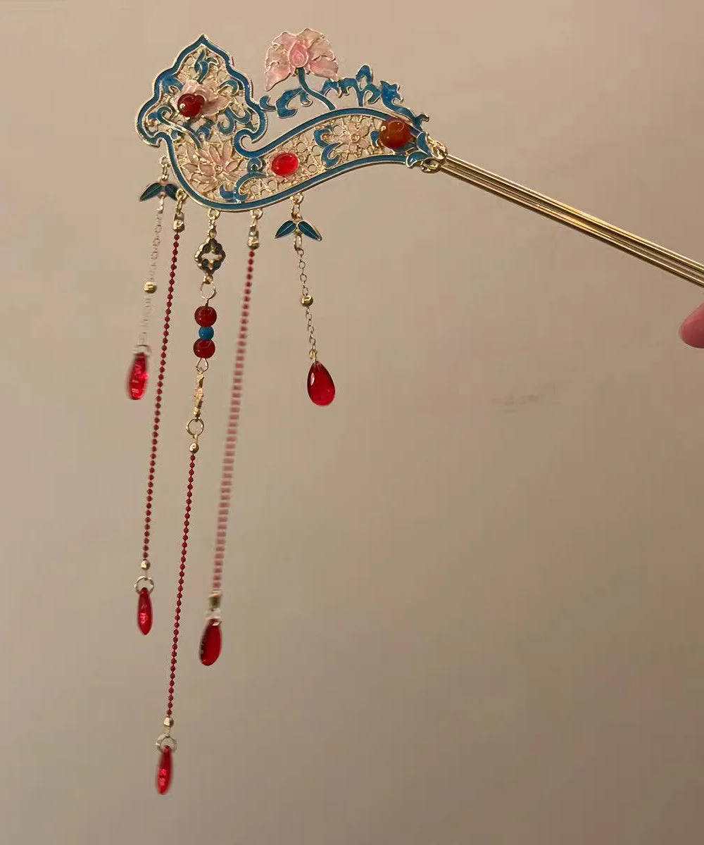 Retro Red Alloy Hollow Out Cloisonne Floral Tassel A Pair Hairpin - Image 4