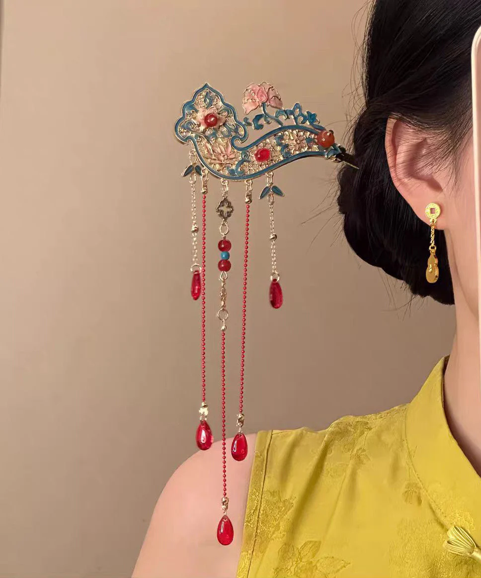 Retro Red Alloy Hollow Out Cloisonne Floral Tassel A Pair Hairpin - Image 5