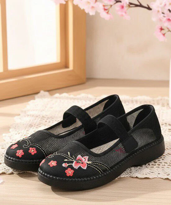 Retro Red Embroidered Tulle Fabric Flat Shoes Lace Up Flat Shoes For Women - Image 3