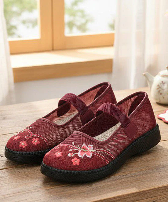 Retro Red Embroidered Tulle Fabric Flat Shoes Lace Up Flat Shoes For Women - Image 4