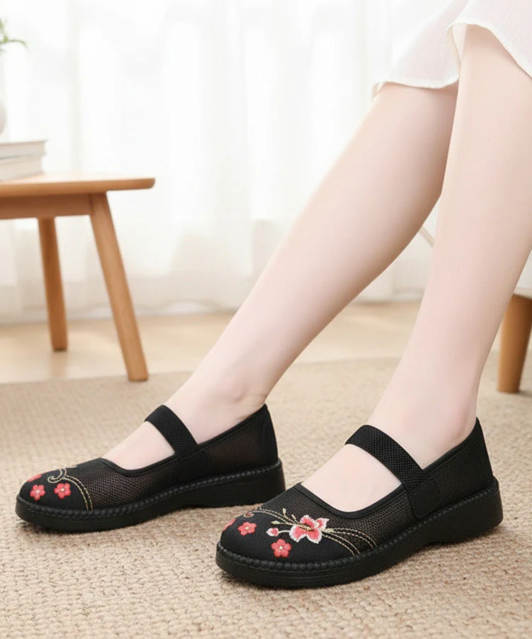 Retro Red Embroidered Tulle Fabric Flat Shoes Lace Up Flat Shoes For Women - Image 5