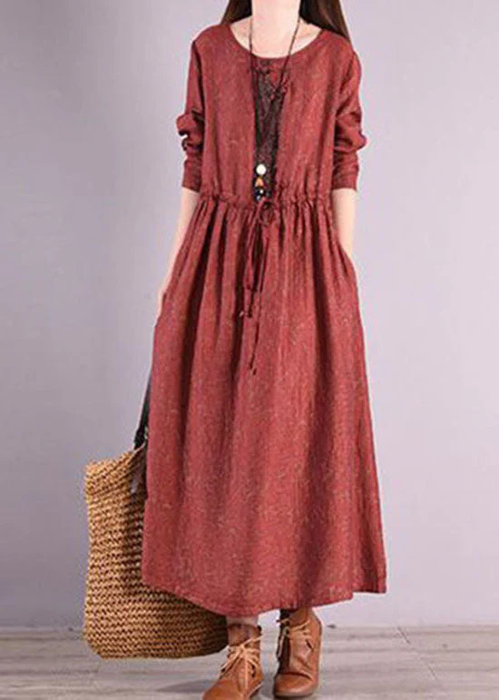 Retro Red O Neck Drawstring Patchwork Linen Long Dresses Spring - Image 2