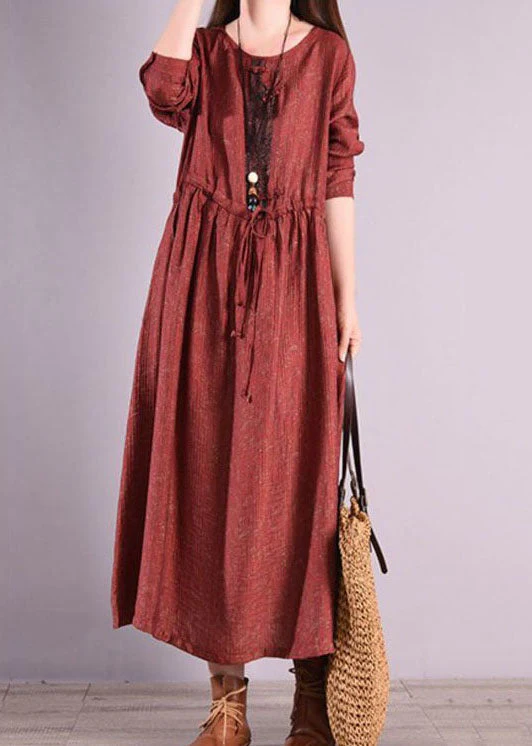 Retro Red O Neck Drawstring Patchwork Linen Long Dresses Spring - Image 3
