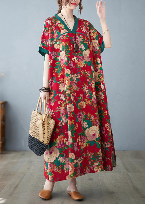 Retro Red Oversized Print Cotton Maxi Dresses Summer - Image 3