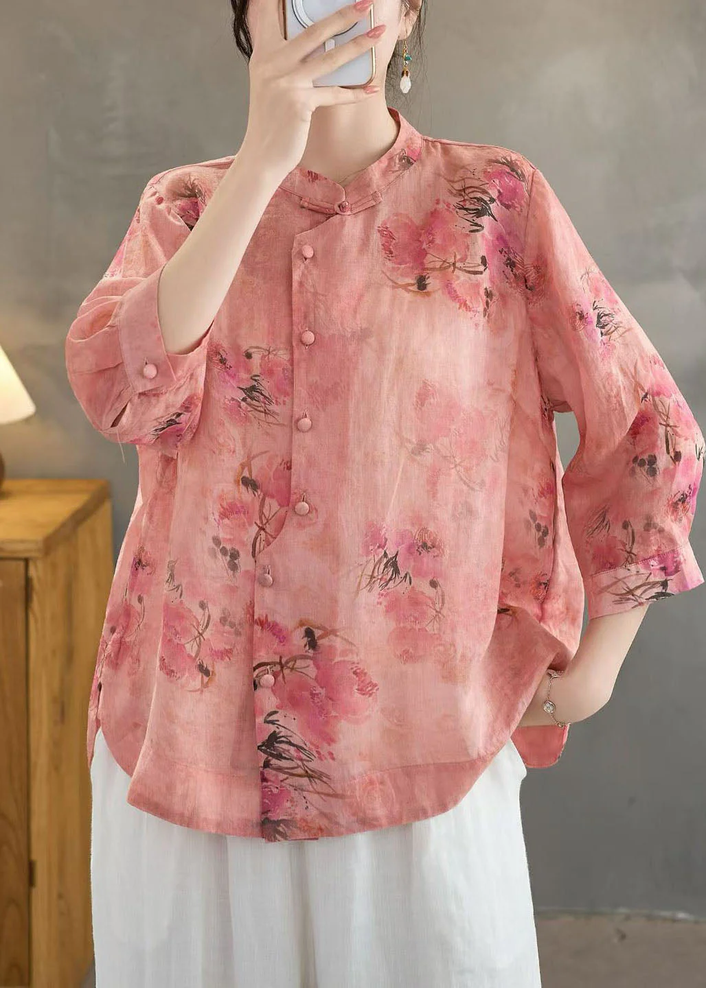 Retro Red Stand Collar Print Button Linen Shirt Summer - Image 2