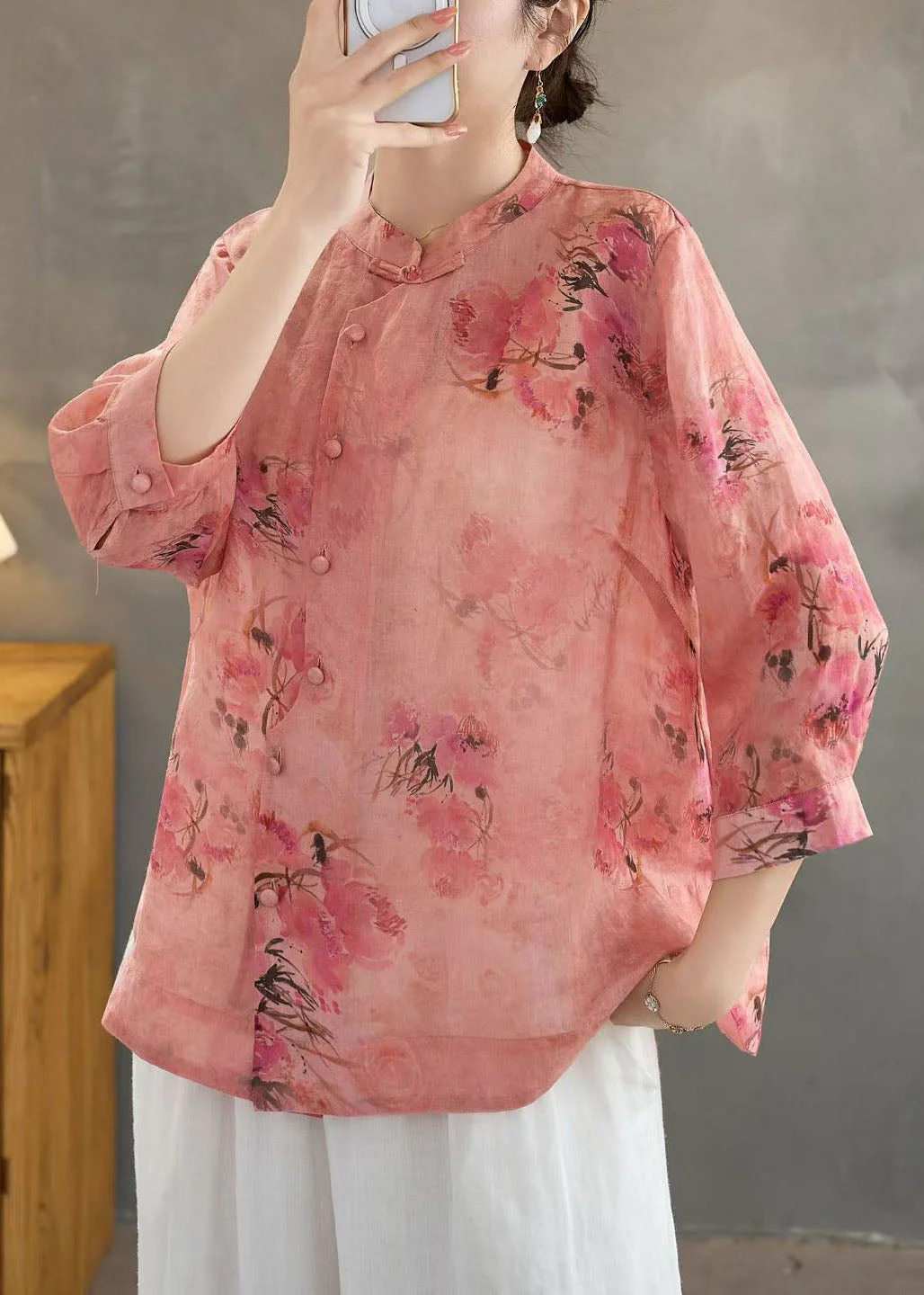 Retro Red Stand Collar Print Button Linen Shirt Summer - Image 3