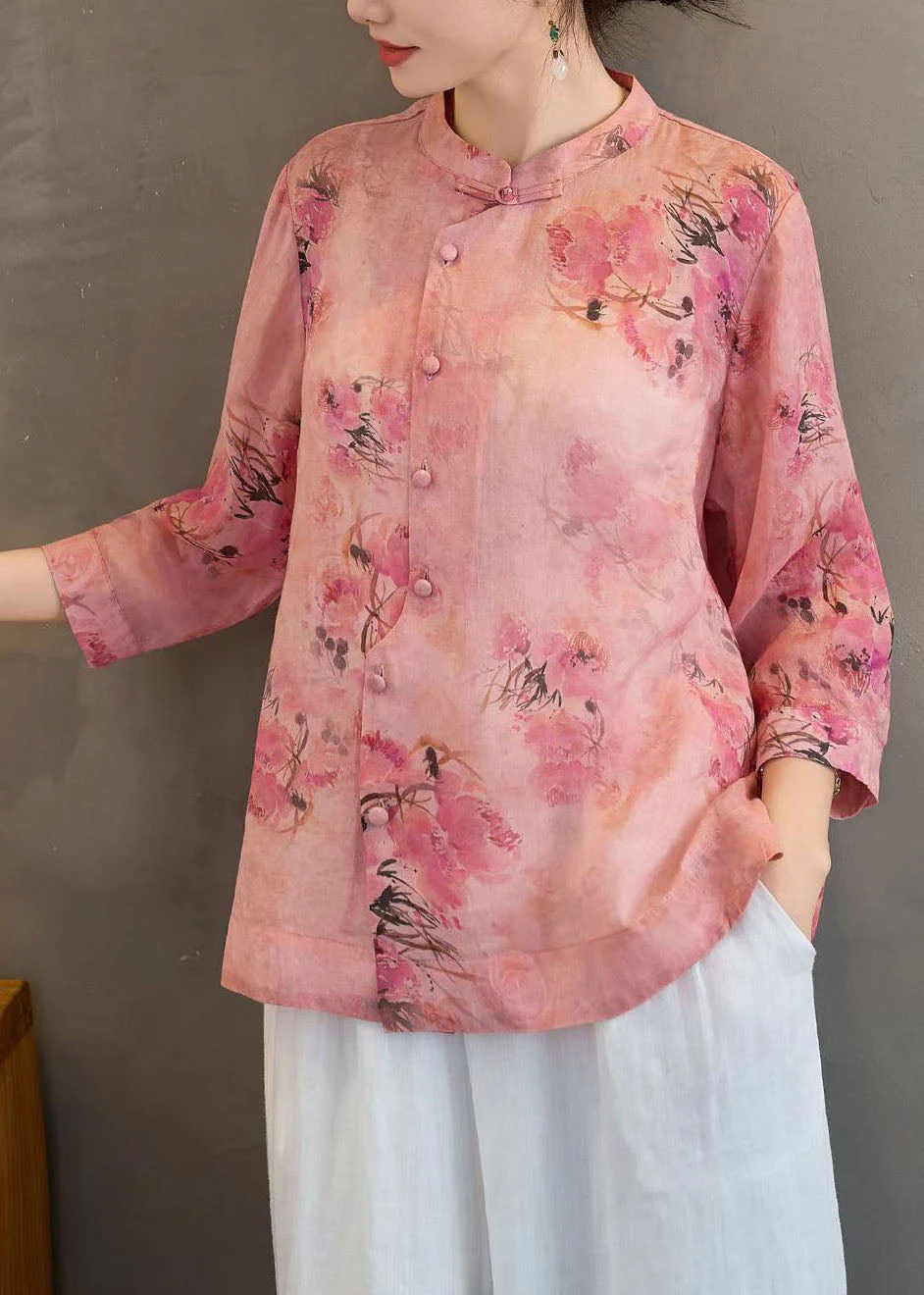 Retro Red Stand Collar Print Button Linen Shirt Summer - Image 4