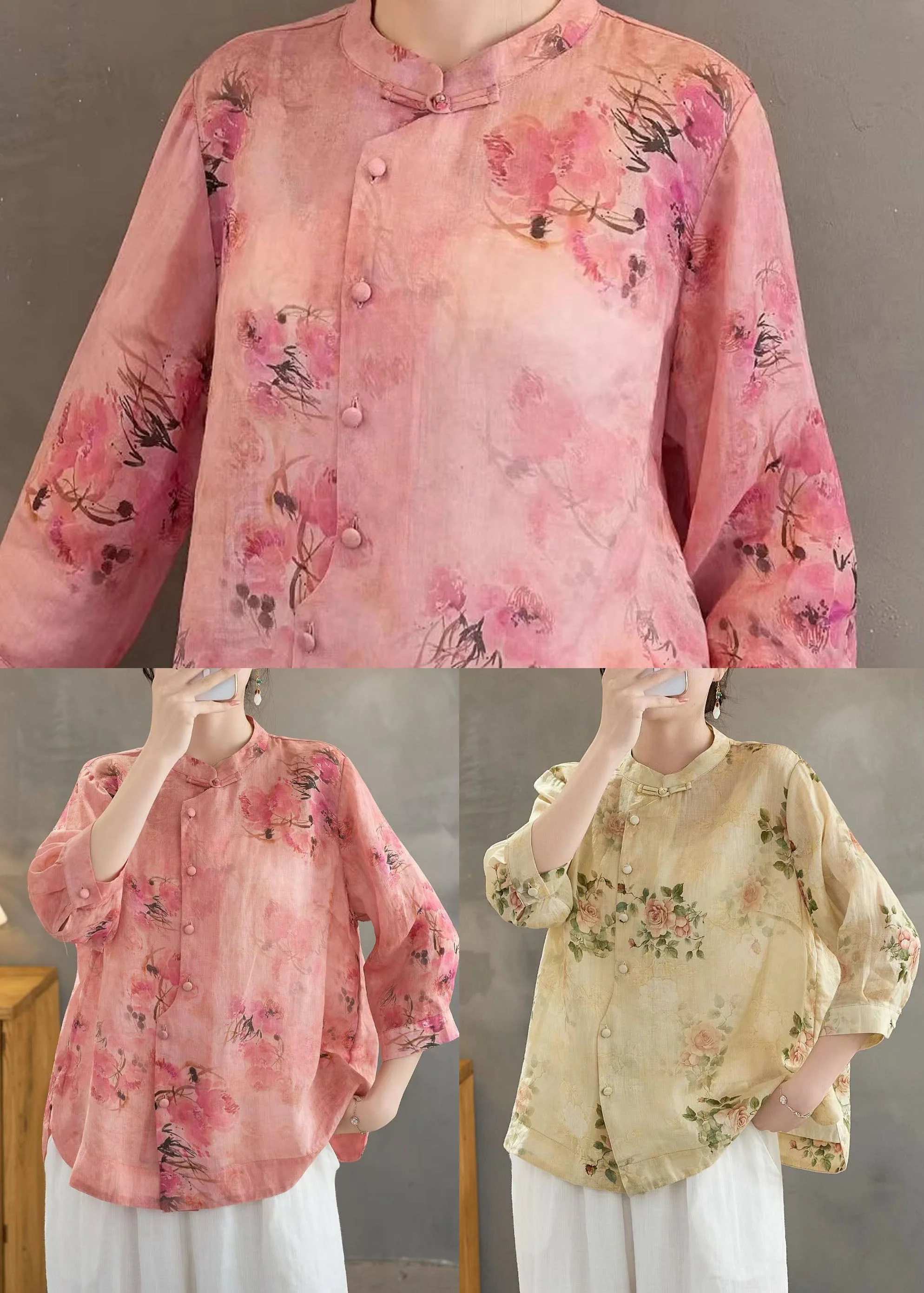Retro Red Stand Collar Print Button Linen Shirt Summer - Image 5