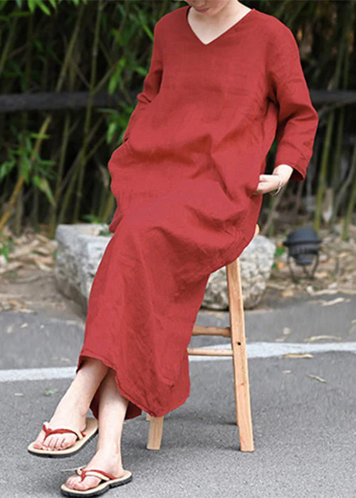 Retro Red V Neck Pockets Linen Long Dress Three Quarter Sleeve - Image 2