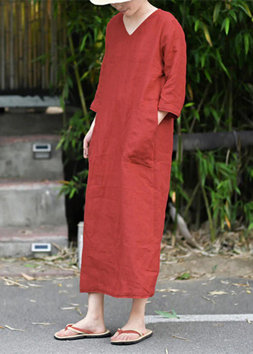 Retro Red V Neck Pockets Linen Long Dress Three Quarter Sleeve - Image 3