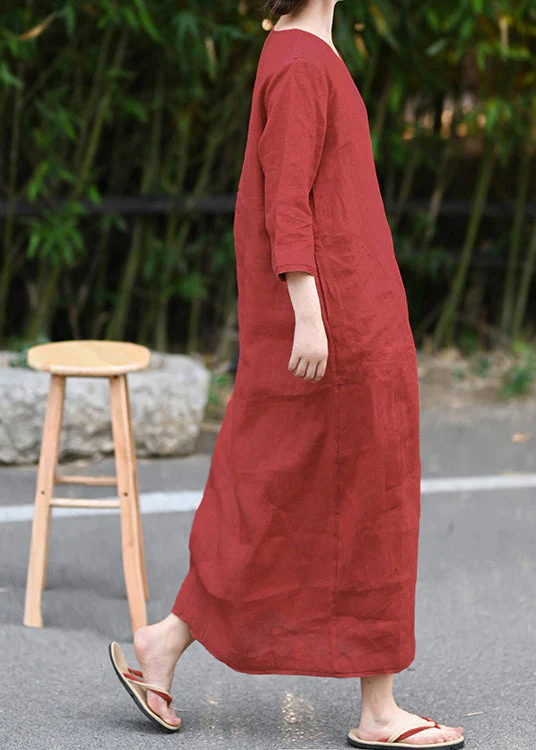Retro Red V Neck Pockets Linen Long Dress Three Quarter Sleeve - Image 4