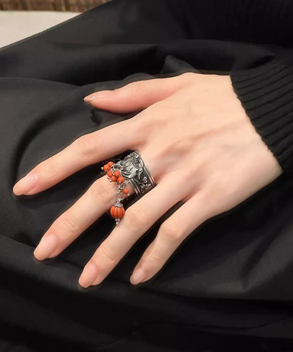 Retro Silk Sterling Silver Awakening Lion Rolling Embroidered Ball Tassel Open Rings - Image 2