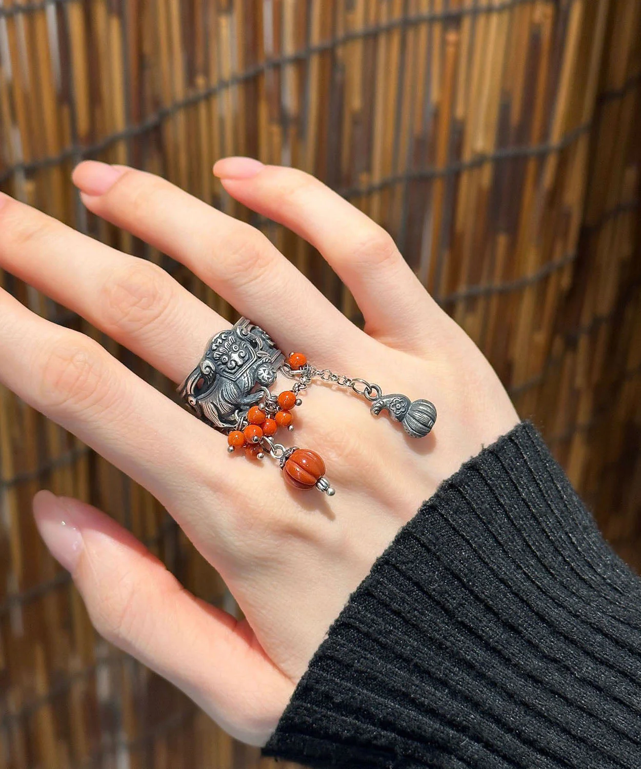 Retro Silk Sterling Silver Awakening Lion Rolling Embroidered Ball Tassel Open Rings - Image 3
