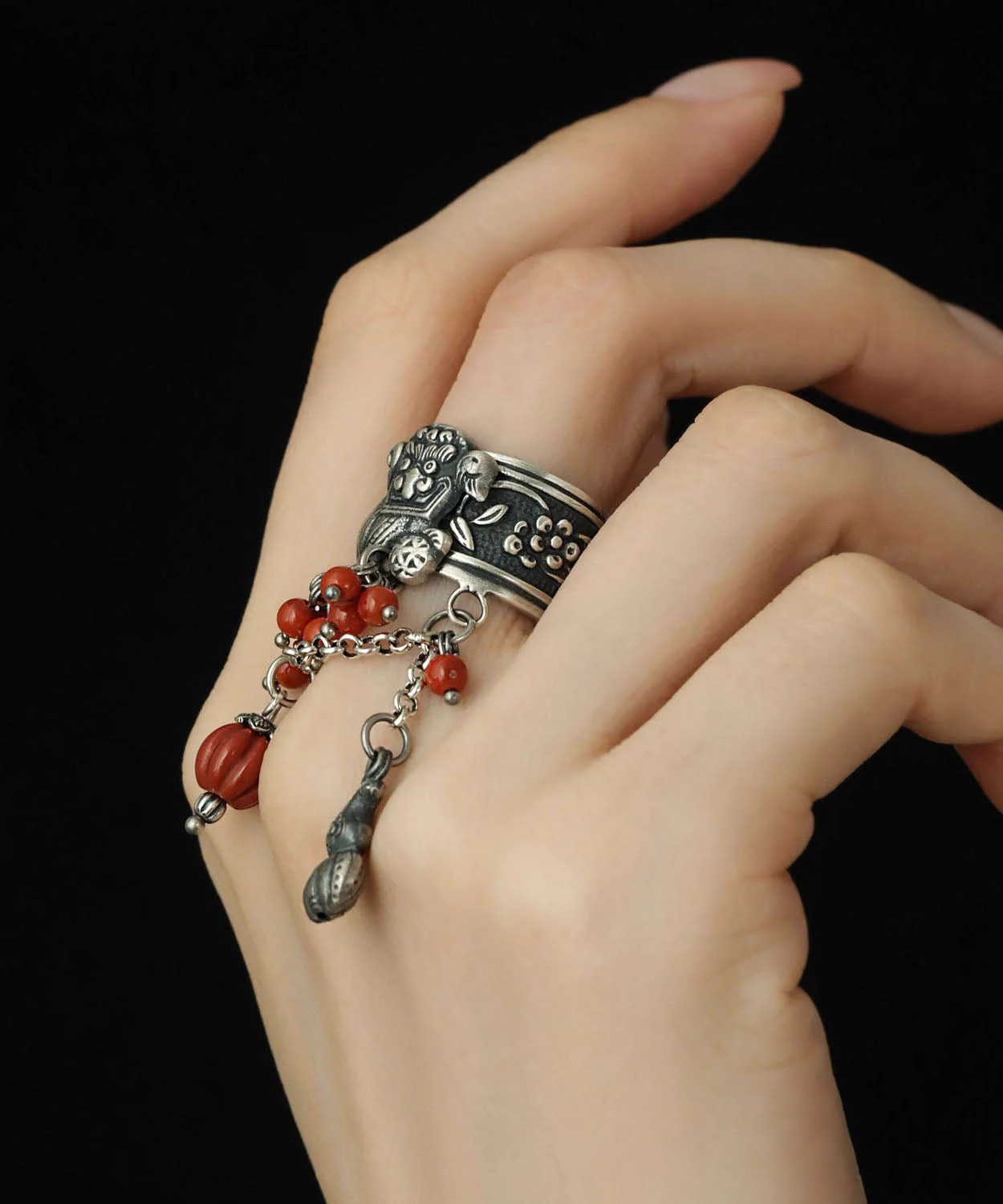 Retro Silk Sterling Silver Awakening Lion Rolling Embroidered Ball Tassel Open Rings - Image 4