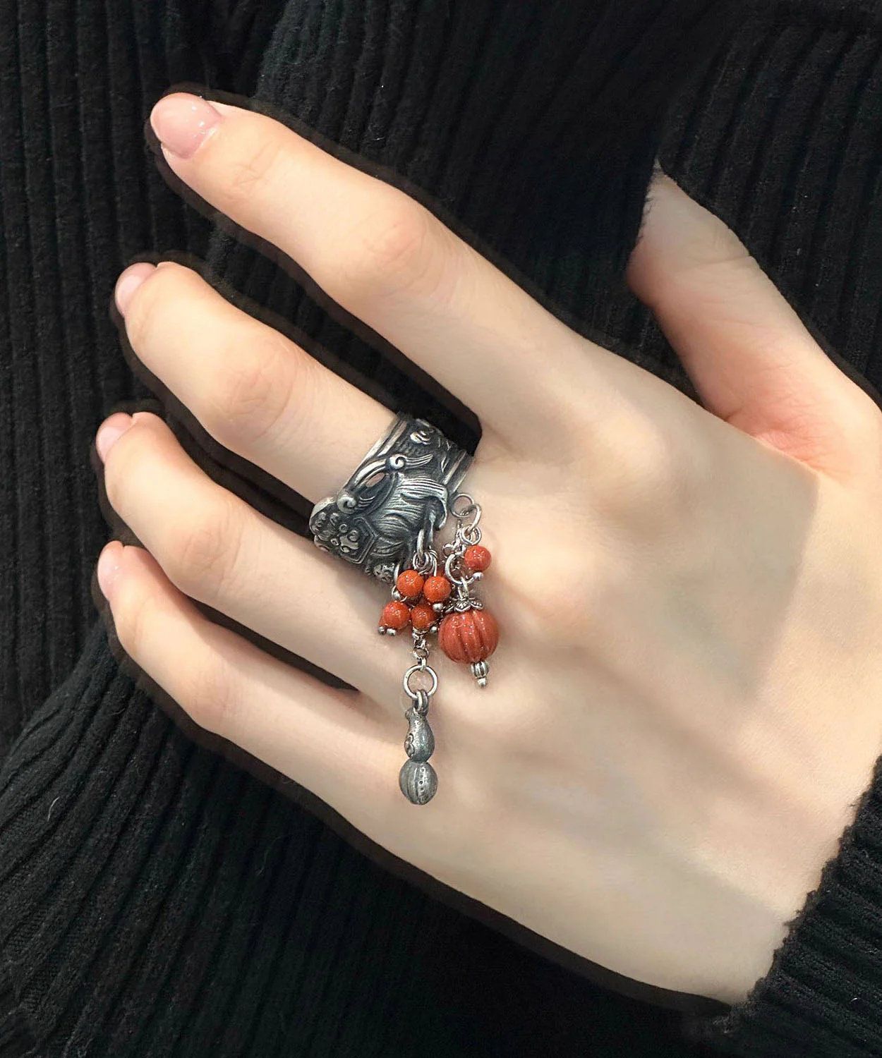 Retro Silk Sterling Silver Awakening Lion Rolling Embroidered Ball Tassel Open Rings - Image 5