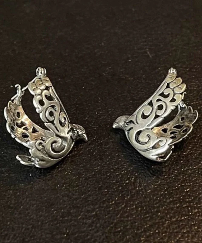 Retro Silk Sterling Silver Carve Bird In Flight Hollow Out Hoop Earrings