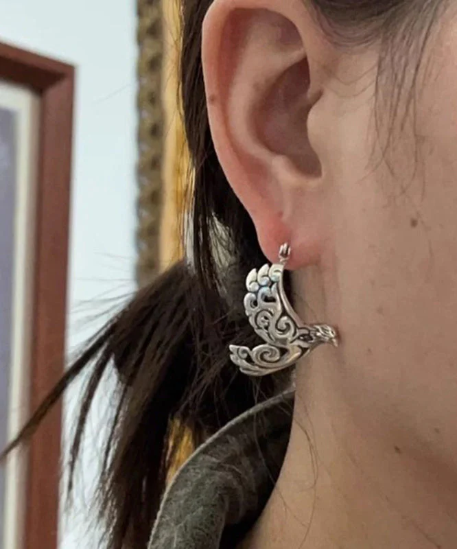 Retro Silk Sterling Silver Carve Bird In Flight Hollow Out Hoop Earrings - Image 2