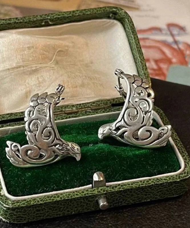 Retro Silk Sterling Silver Carve Bird In Flight Hollow Out Hoop Earrings - Image 3