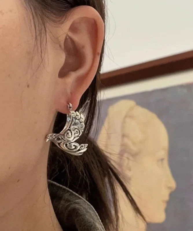 Retro Silk Sterling Silver Carve Bird In Flight Hollow Out Hoop Earrings - Image 4
