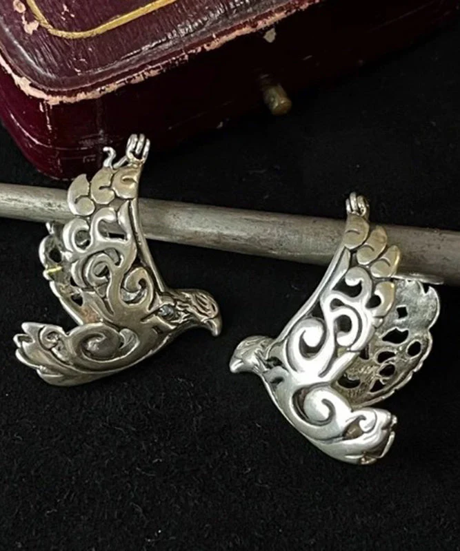Retro Silk Sterling Silver Carve Bird In Flight Hollow Out Hoop Earrings - Image 5