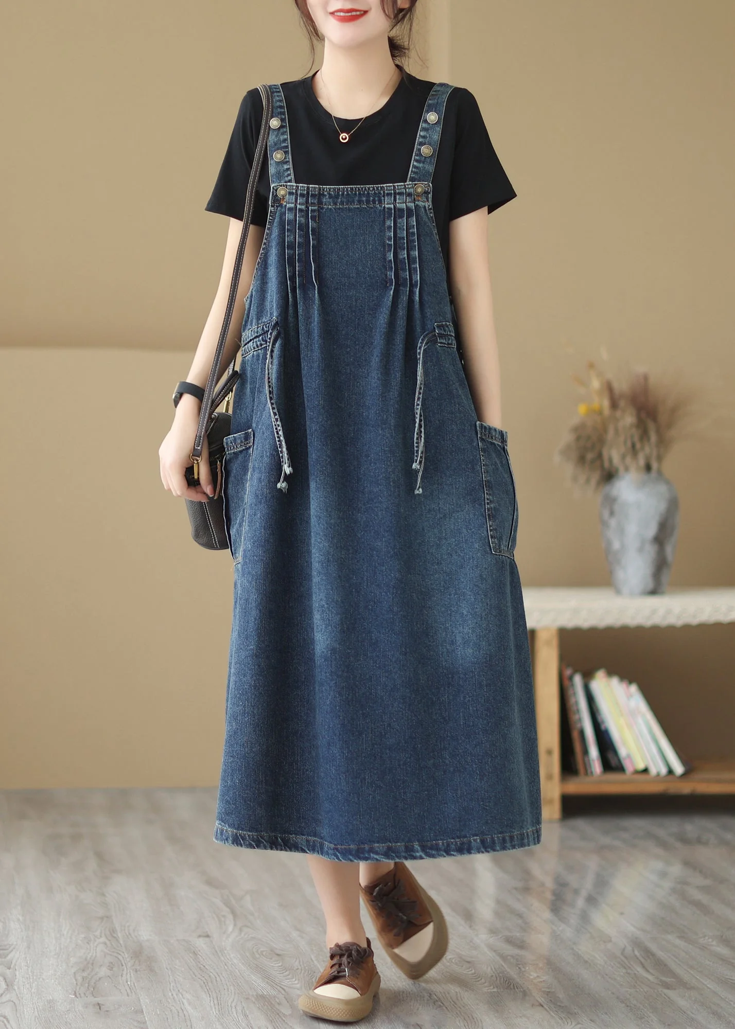Retro Summer New Blue Pockets Drawstring Denim Strap Dresses - Image 2
