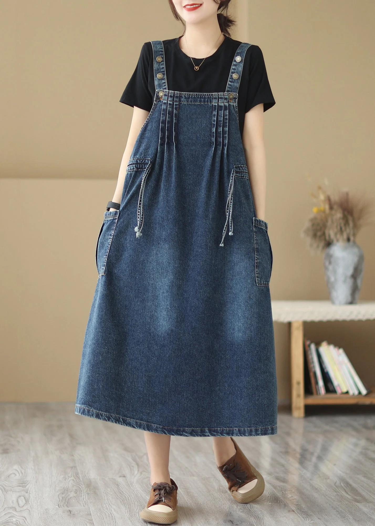 Retro Summer New Blue Pockets Drawstring Denim Strap Dresses - Image 3