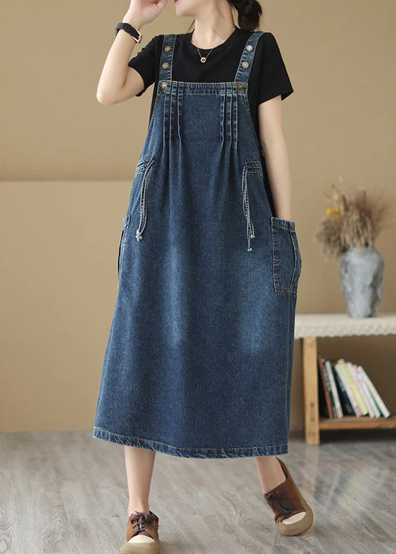 Retro Summer New Blue Pockets Drawstring Denim Strap Dresses - Image 4