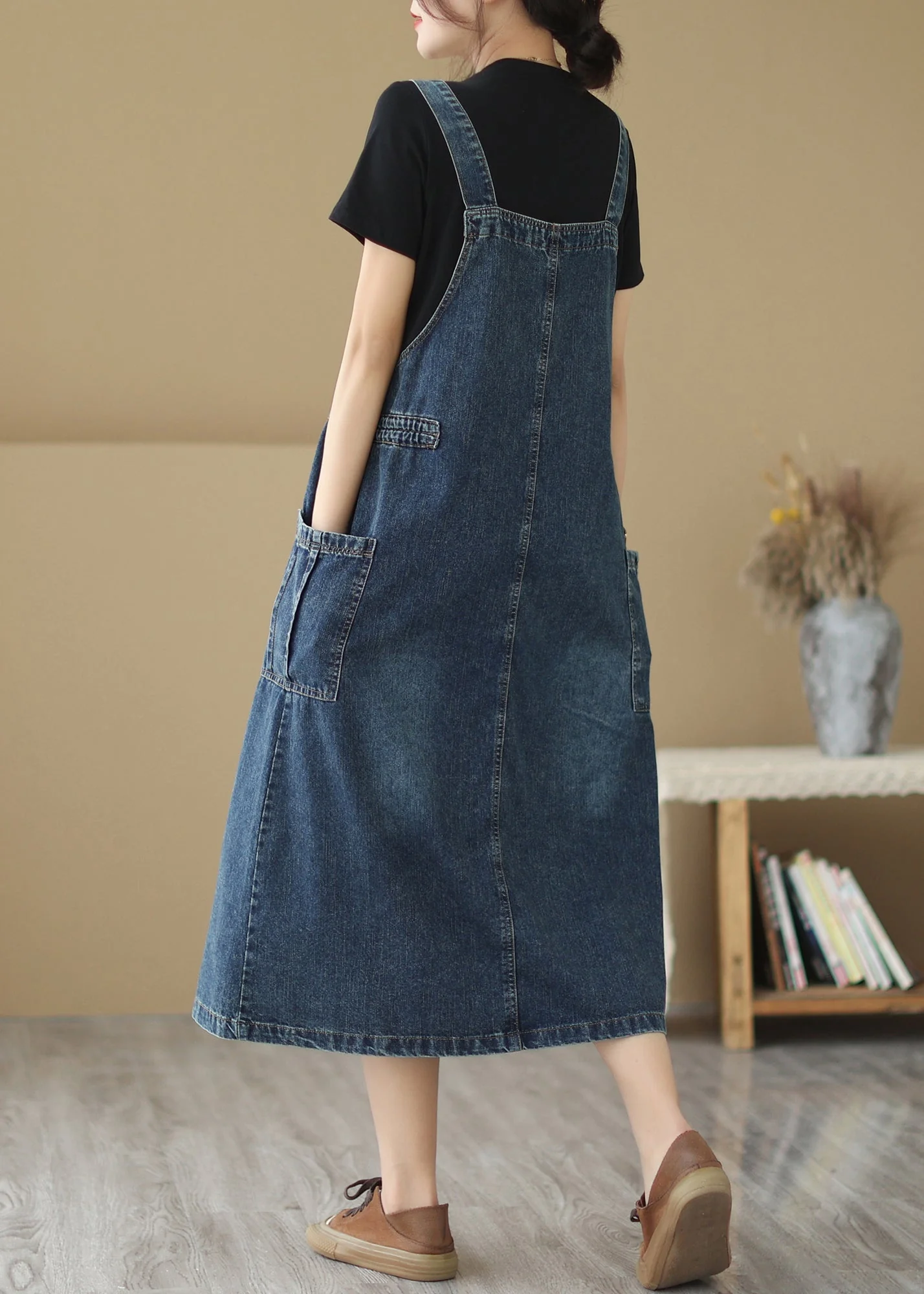 Retro Summer New Blue Pockets Drawstring Denim Strap Dresses - Image 5