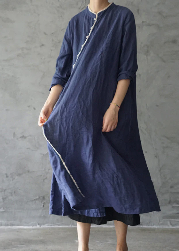 Retro Tibetan blue Lace Patchwork Linen Dresses Long Sleeve - Image 2