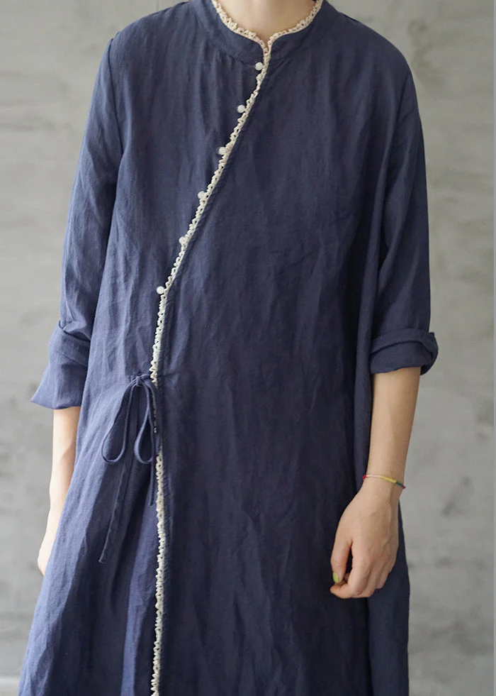 Retro Tibetan blue Lace Patchwork Linen Dresses Long Sleeve - Image 3