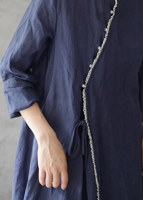 Retro Tibetan blue Lace Patchwork Linen Dresses Long Sleeve - Image 4