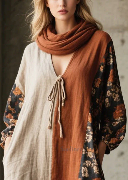 Retro V Neck Patchwork Print Cotton Vacation Dress Fall - Image 2