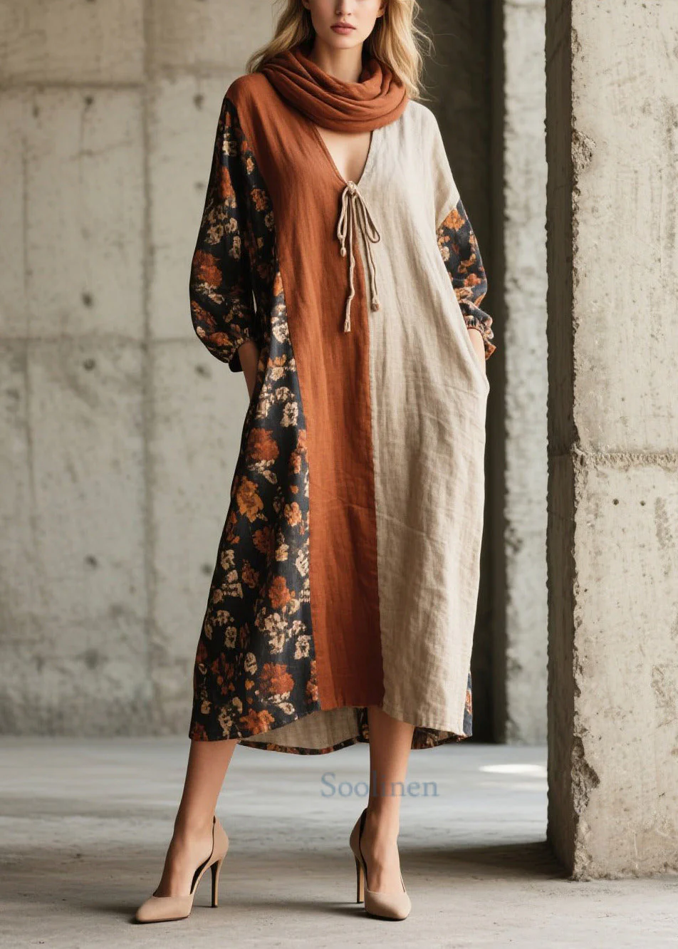 Retro V Neck Patchwork Print Cotton Vacation Dress Fall - Image 3