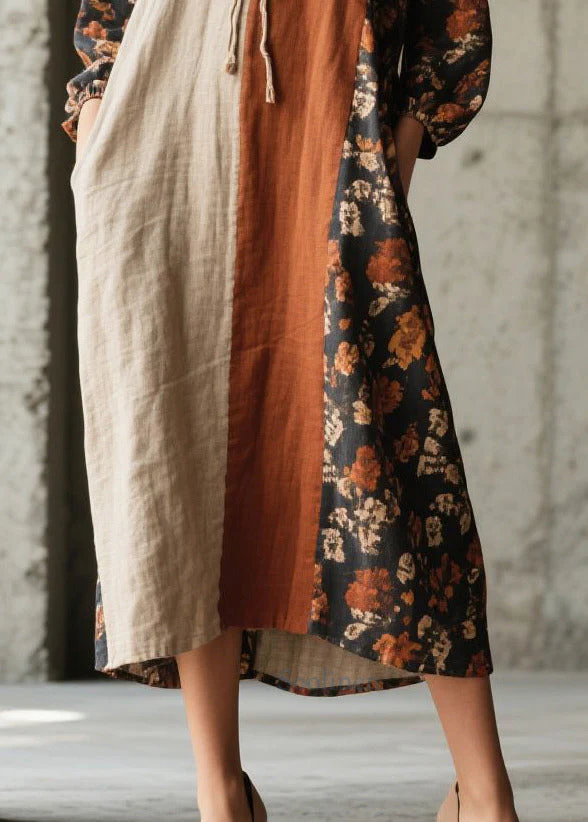 Retro V Neck Patchwork Print Cotton Vacation Dress Fall - Image 4