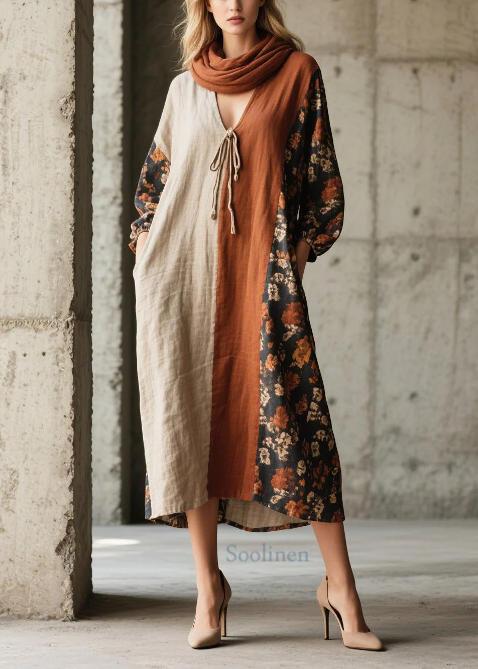 Retro V Neck Patchwork Print Cotton Vacation Dress Fall - Image 5