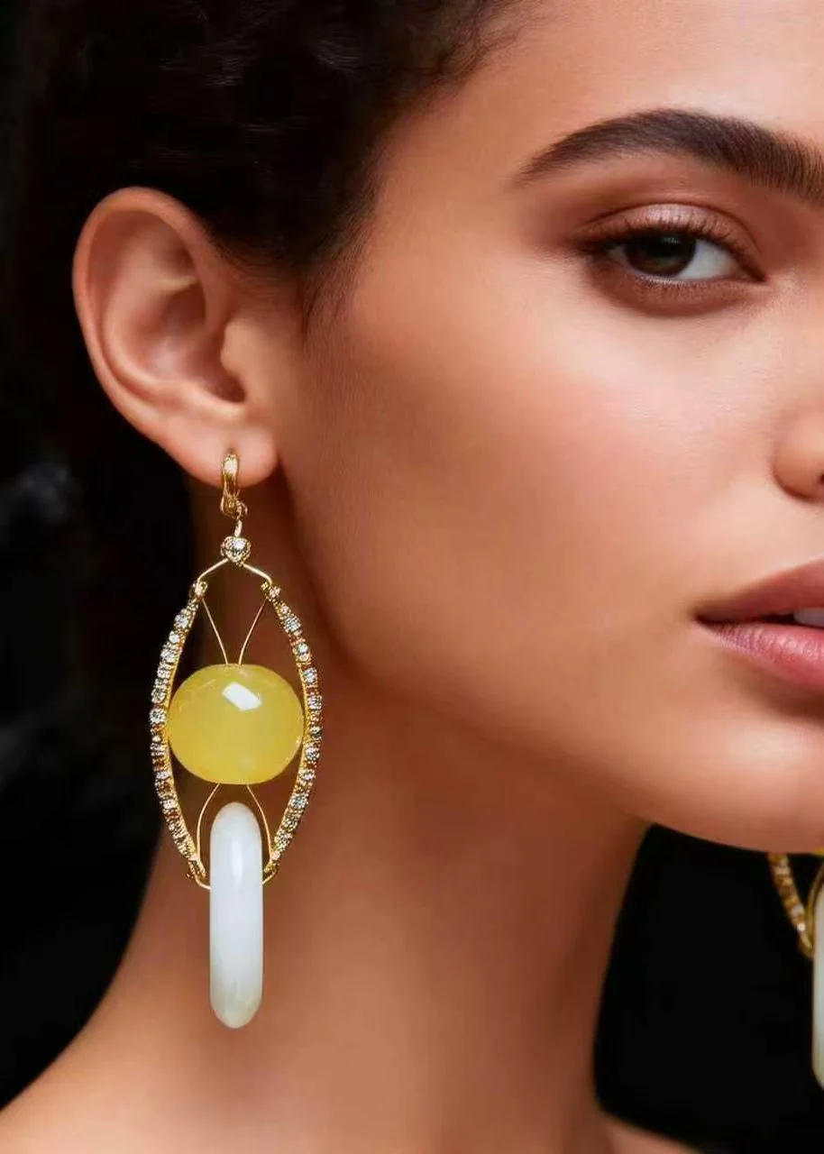 Retro White Jade Handmade Concatenation Beeswax Drop Earrings - Image 5