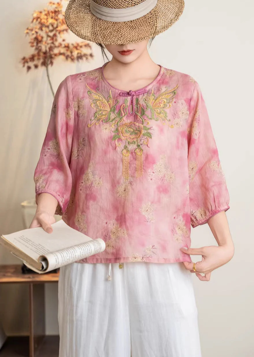 Retro Yellow O-Neck Embroidered Linen Shirt Summer - Image 2