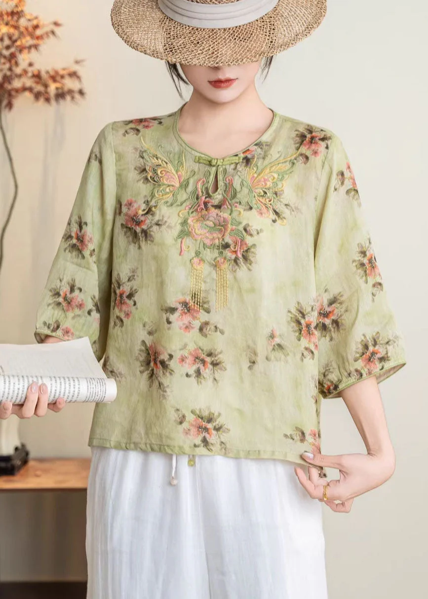 Retro Yellow O-Neck Embroidered Linen Shirt Summer - Image 3