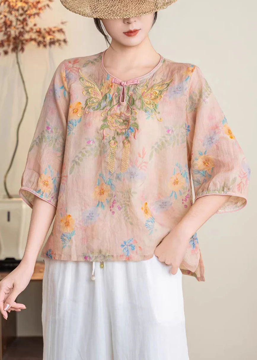 Retro Yellow O-Neck Embroidered Linen Shirt Summer - Image 4