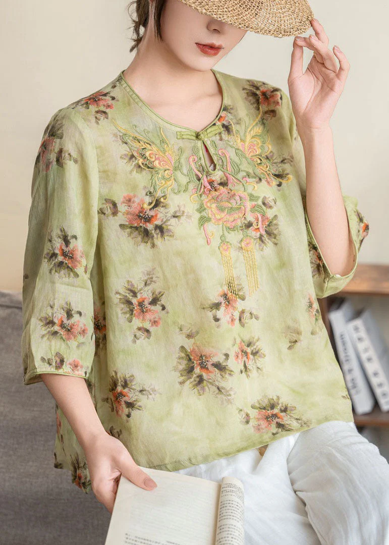 Retro Yellow O-Neck Embroidered Linen Shirt Summer - Image 5