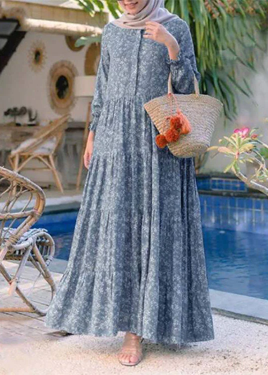 Retro Yellow O-Neck Print Patchwork Button Long Dresses Long Sleeve - Image 3