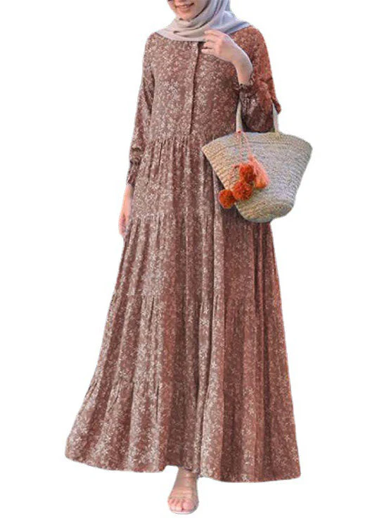 Retro Yellow O-Neck Print Patchwork Button Long Dresses Long Sleeve - Image 5