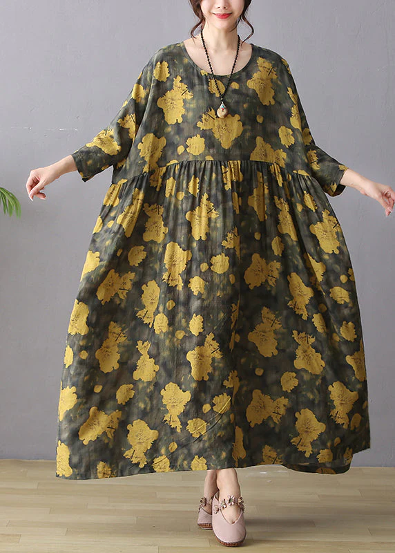 Retro Yellow O-Neck Print Wrinkled Maxi Dress Long Sleeve - Image 2