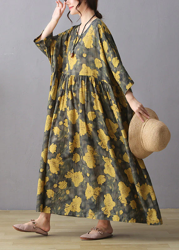 Retro Yellow O-Neck Print Wrinkled Maxi Dress Long Sleeve - Image 3