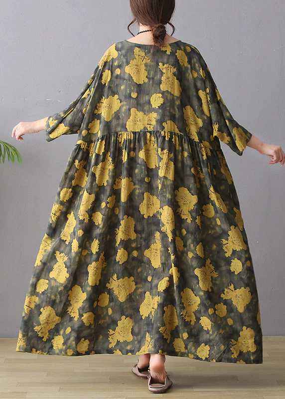 Retro Yellow O-Neck Print Wrinkled Maxi Dress Long Sleeve - Image 4