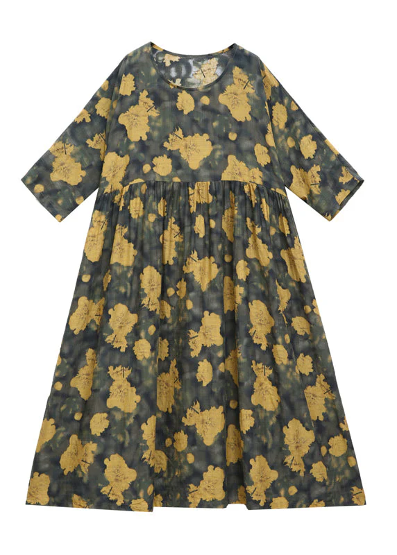Retro Yellow O-Neck Print Wrinkled Maxi Dress Long Sleeve - Image 5