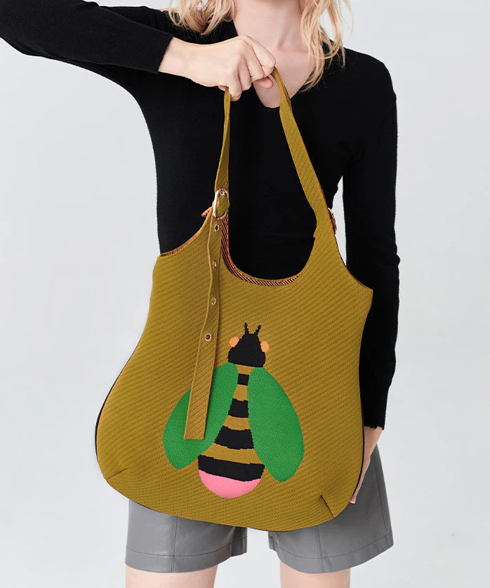 Retro Yellow Solid Durable Little Bee Embroidered Cotton Shoulder Bags - Image 3