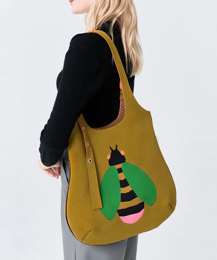Retro Yellow Solid Durable Little Bee Embroidered Cotton Shoulder Bags - Image 4