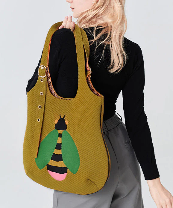 Retro Yellow Solid Durable Little Bee Embroidered Cotton Shoulder Bags - Image 5