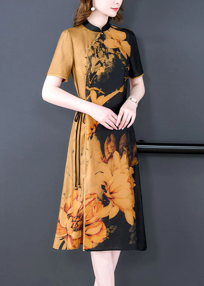 Retro Yellow Stand Collar Tie Dye Tie Waist Silk Cheongsam Dress Short Sleeve - Image 2